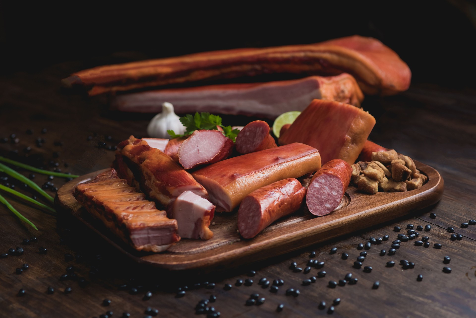 table with food smoked pork, for feijoada, tipical brazilian food